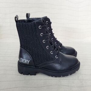 NEW DKNY Youth Girls Black Faux Leather Crystal Side Zip Boots Shoes Size 12